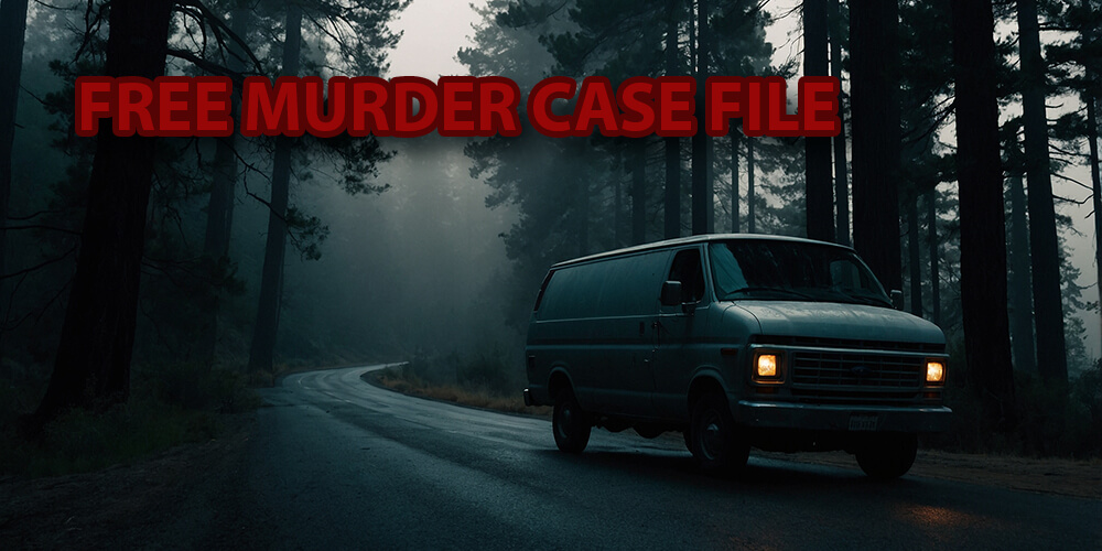 A van in the night on a road and the text free murder case file